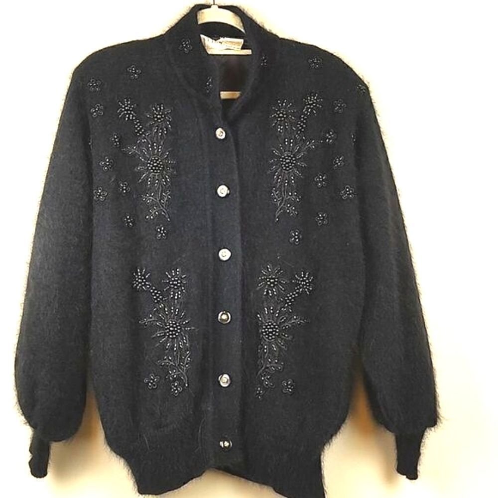 Belldini Black Angora Blend Floral Beaded Cardigan Sweater Retro Vintage